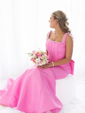 Sherri Hill Hot Pink Pearl-Trim Prom Gown
